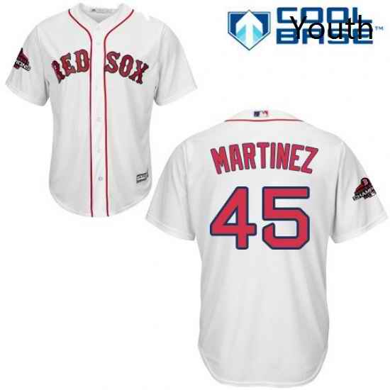 Youth Majestic Boston Red Sox 45 Pedro Martinez Authentic White Home Cool Base 2018 World Series Champions MLB Jersey